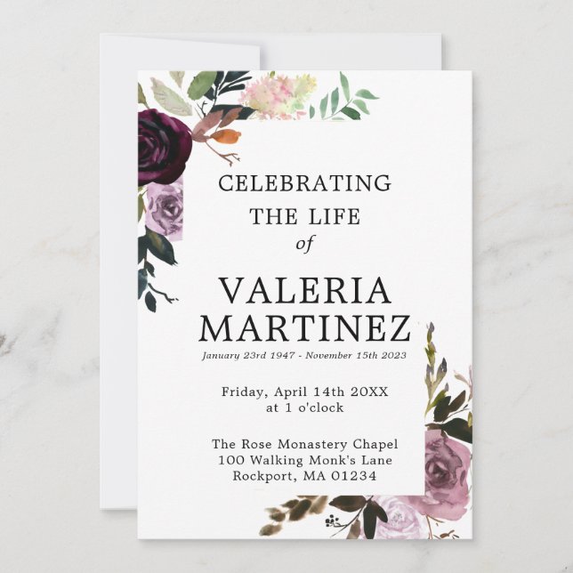 Convites Programa Funeral Purple Floral (Frente)