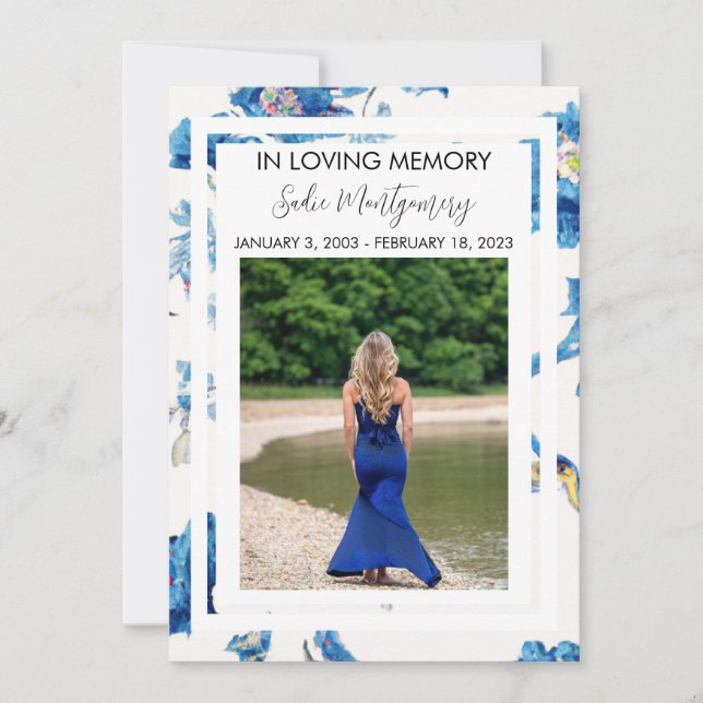 Convites Programa funerário de borda floral azul (Frente)