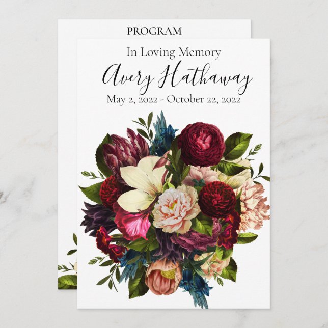 Convites Programa Memorial Funeral do Buquê de Flor Vermelh (Frente/Verso)