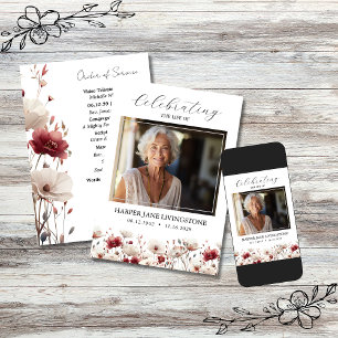 Convites Programa Memorial Funerário Pink e White Poppy