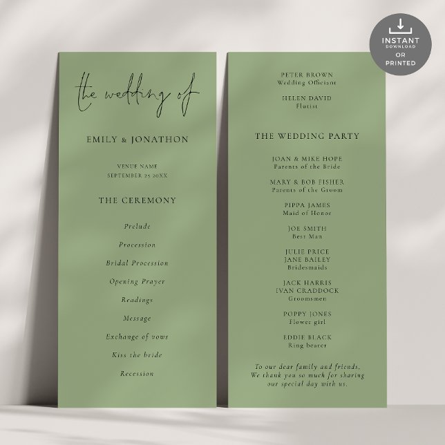 Convites Programa Moderno de Casamento Verde Sage (Front and back view)