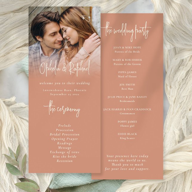 Convites Programa Rustic Photo Overlay Terracotta Wedding (Front and back view)