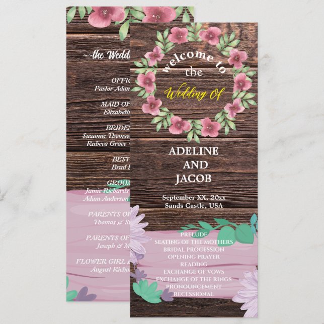 Convites Programa Rustic Wooden floral Script Wedding (Frente/Verso)