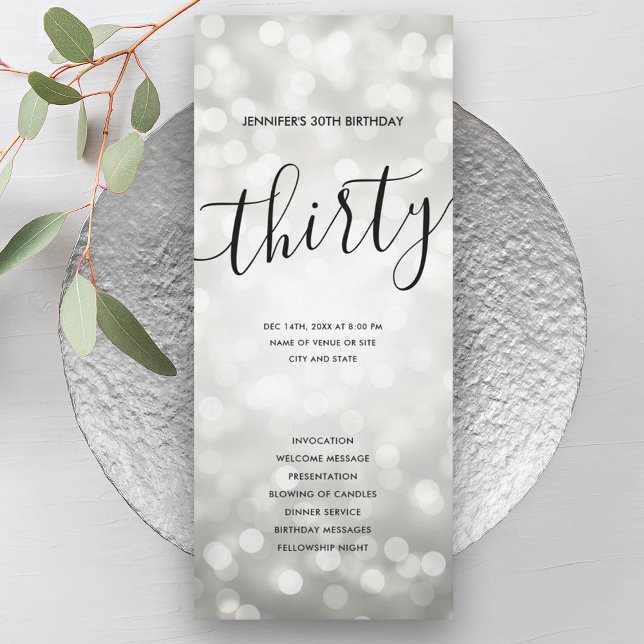 Convites Programas de aniversário de 30 anos das Luzes de L (Silver Glitter Lights 30th Birthday Programs )