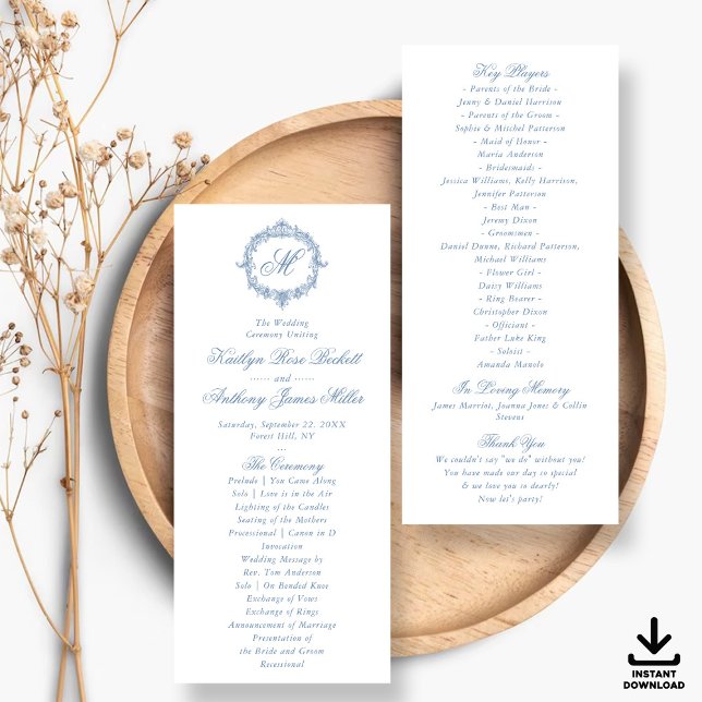 Convites Programas de Casamento com Toile de Jouy Azul Vint (Criador carregado)