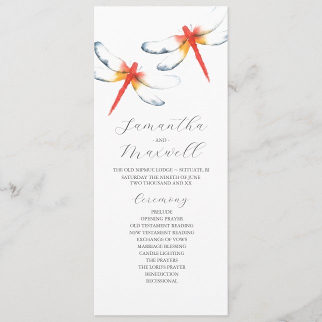 Convites Programas de Casamento Dragonfly Vermelha Watercol (Frente)
