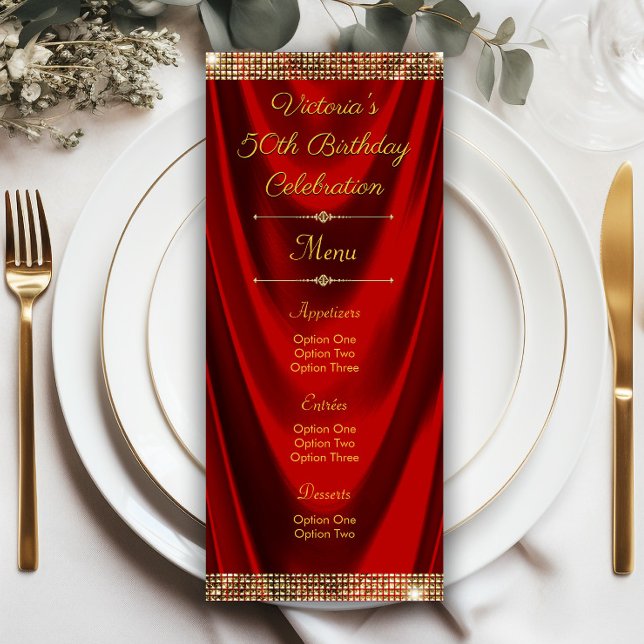 Convites Programas de menu de Festa de aniversário Dourada  (Elegant red gold any occasion menu or program. Simply add your details.)