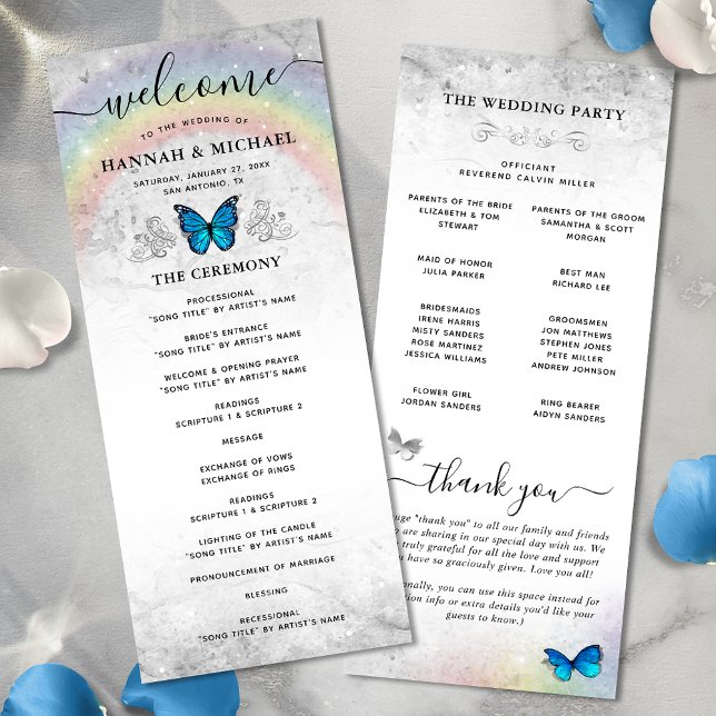 Convites Programas Elegantes De Casamento De Borboletas Azu (Elegant rainbow blue butterfly wedding programs for your big day!)