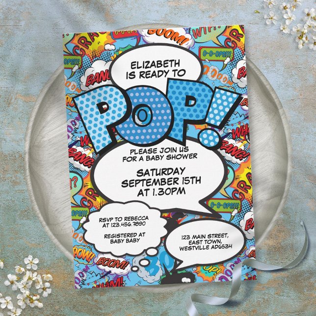 Convites Pronto para Nascer Chuvada de Bebê História em Qua (Ready to Pop Baby Shower Comic Book Modern Blue Invitation)