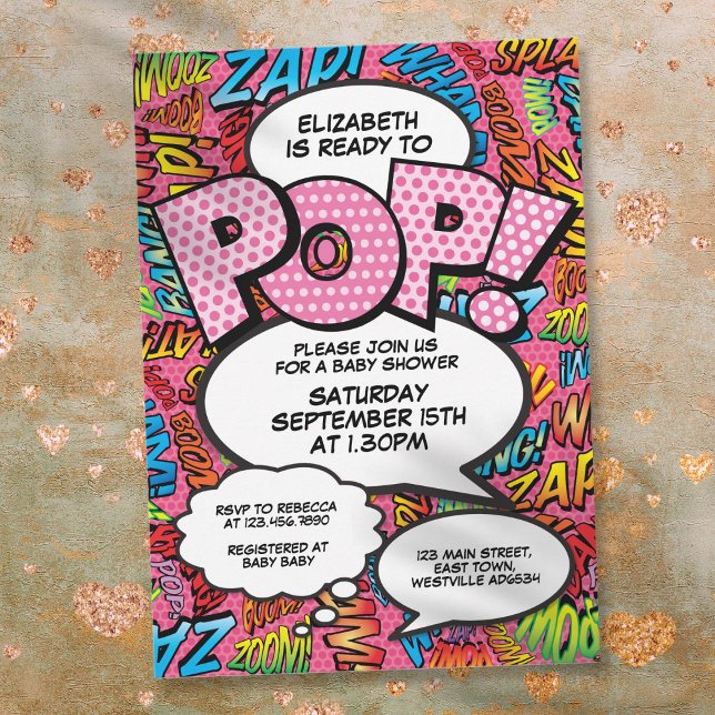 Convites Pronto para o Bebê Nascer Chuveiro de Bebê Históri (Ready to Pop Baby Shower Comic Book Fun Pink Invitation)