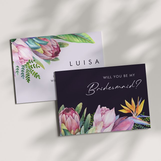 Convites Proposta Colorida de Bridesmaid de Roxo Tropical (Criador carregado)