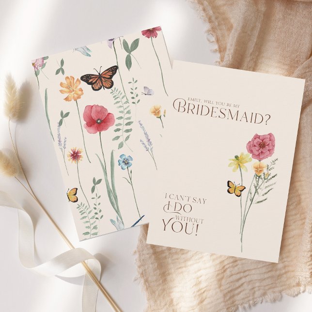 Convites Proposta de Bridesmaid da Borboleta de Flor Selvag (Simple Colorful Wildflower Floral Wedding Be My Bridesmaid Proposal Card)