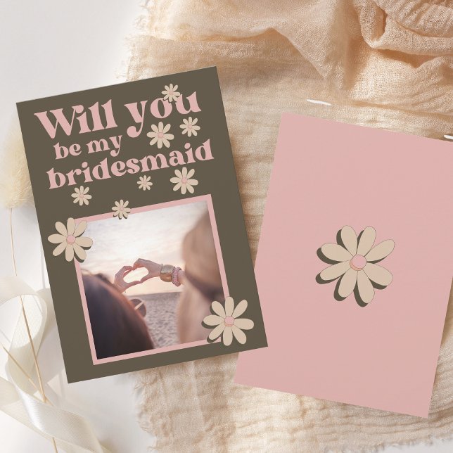 Convites Proposta de Bridesmaid de Foto Castanho Retro-Rosa (Criador carregado)