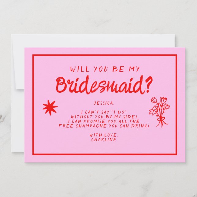 Convites Proposta de Bridesmaid de Letra Rosa &Vermelha (Frente)