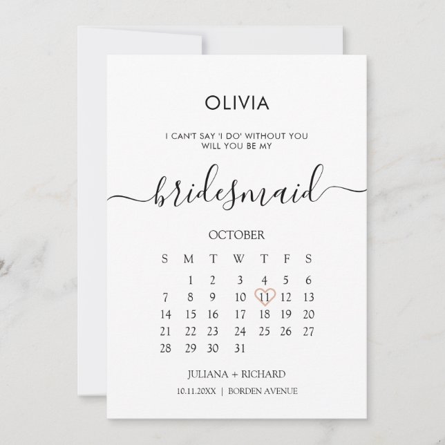 Convites Proposta de Bridesmaid do Calendário de Script Mod (Frente)