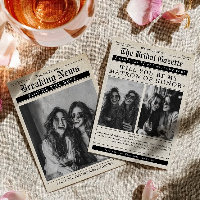 Convites Proposta de Dama de Honra Engraçada em Jornal Anti (Vintage Newspaper Funny Matron of Honor Proposal Invitation)