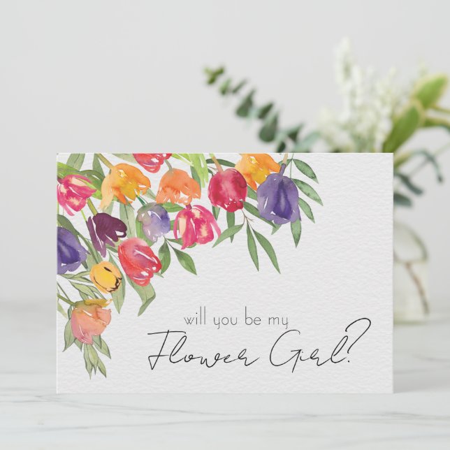 Convites Proposta de Menina de Flores com Tulipas Brilhante (Em pé/Frente)