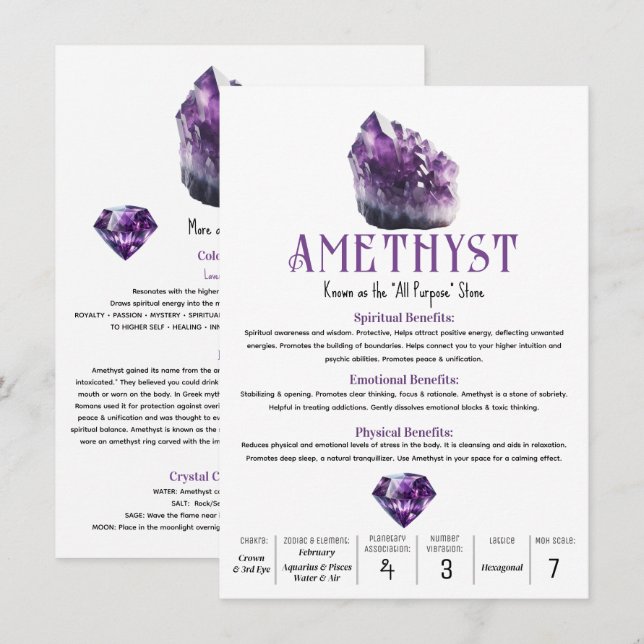 Convites Propriedades Metafísicas do Cristal Roxo de Ametis (Frente/Verso)