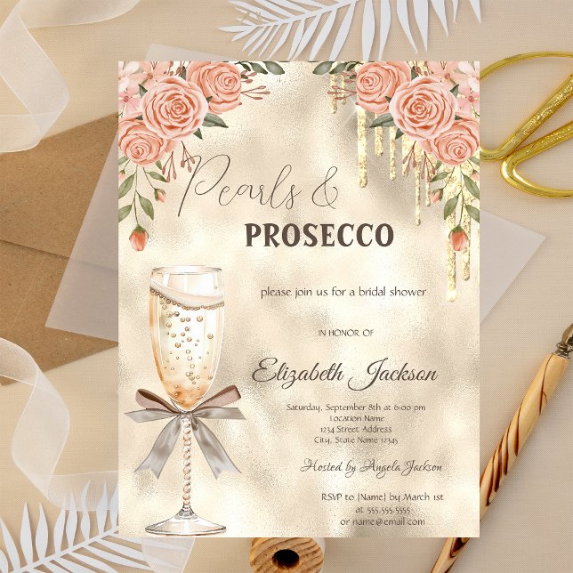 Convites Prosecco Pérolas Arco Glitter Gotas Boho Rosas (Criador carregado)