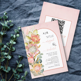 Convites Protea flores Código QR RSVP casamento cor-de-rosa