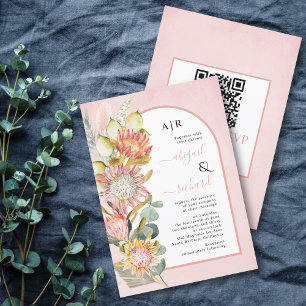 Convites Protea flores Código QR RSVP casamento cor-de-rosa