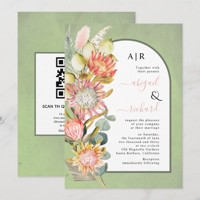 Convites Protea flores Código QR RSVP Casamento de Arte Ver (Frente/Verso)