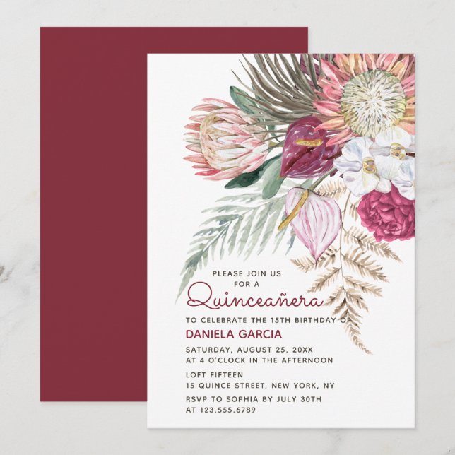 Convites Protea Watercolor Buquê Floral Quinceañera (Frente/Verso)