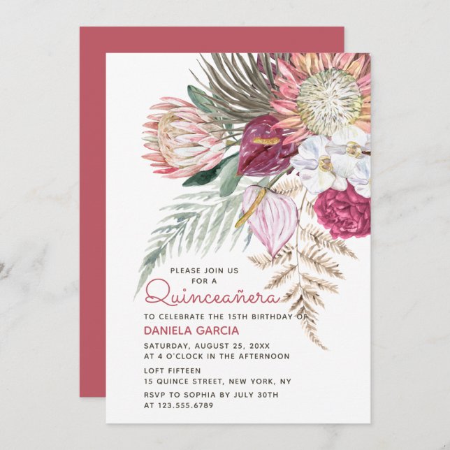Convites Protea Watercolor Buquê Floral Quinceañera (Frente/Verso)