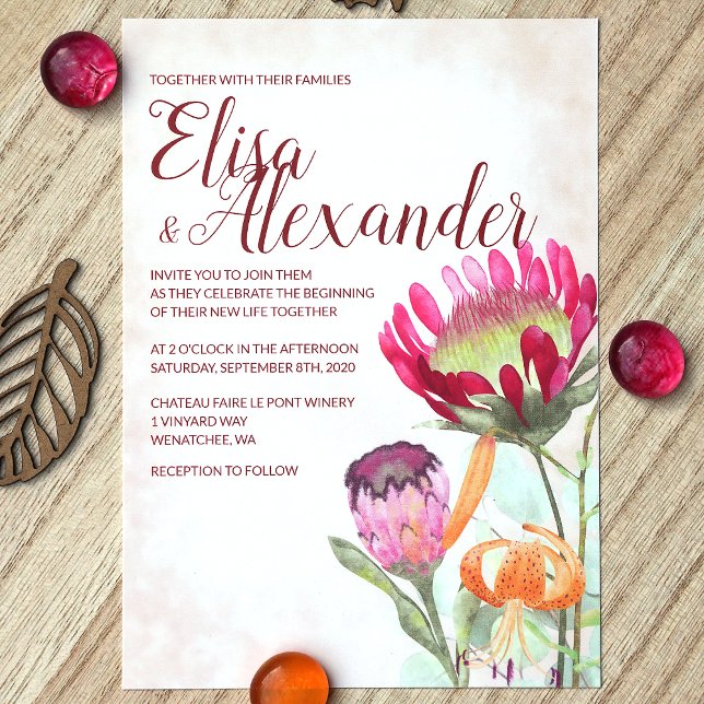 Convites Proteas-rei cor-de-rosa, Casamento outono de lírio (Fall Pink King Protea Flower Orange Tiger Lily Wedding Invitation)