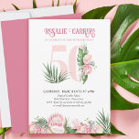 Convites Proteína Tropical Rosa 50º Festa de aniversário Nú<br><div class="desc">50º convite de aniversário com o número 50 decorado com palmeiras tropicais,  flores de proteína rosa e um coco. Design elegante e feminina com arranjos florais de cor d'água em tons de rosa e verde. Perfeito para comemoração de 50 anos,  festa de luau ou festa de jardim.</div>