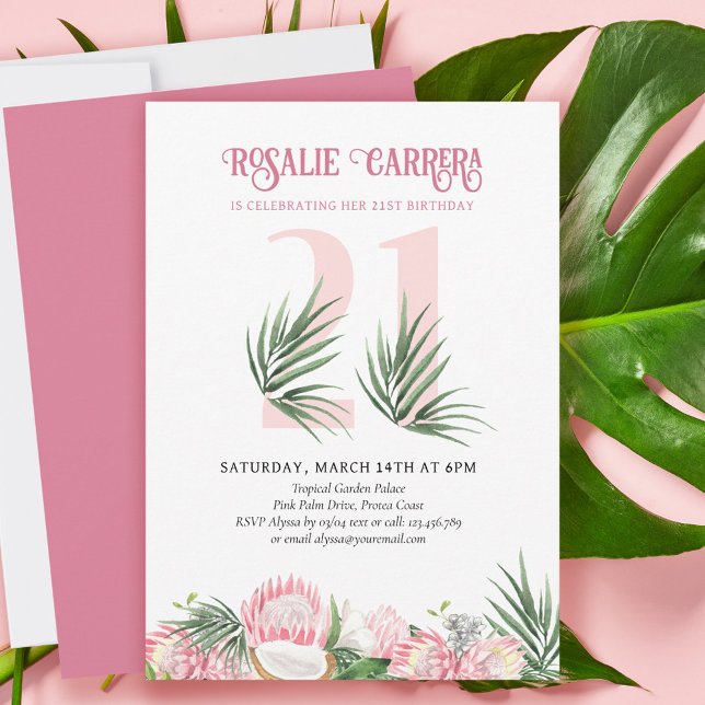 Convites Proteína Tropical Rosa de aniversário de 21 anos N (Criador carregado)
