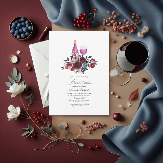Convites Provando de vinho Boho Burgundy e Chá de panela (Burgundy, Navy and Dusty Blue Bridal Shower Wine Tasting Invitation)