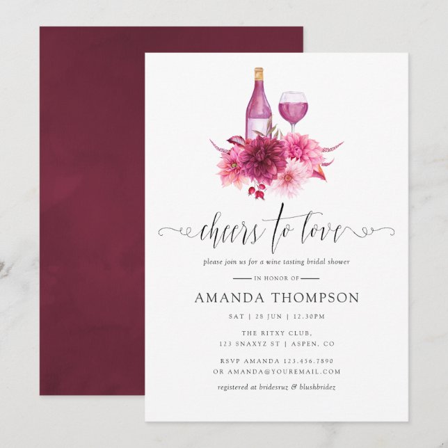 Convites Provando de vinho de Chá de panela rosa borrado e  (Frente/Verso)