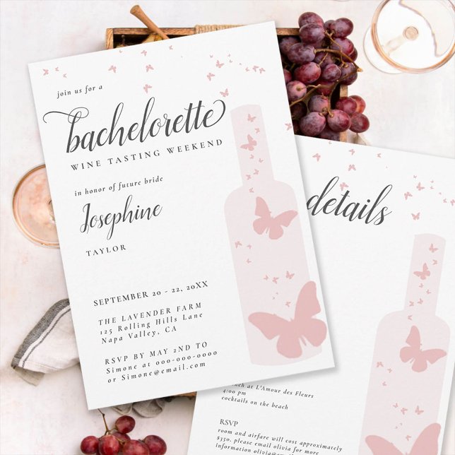 Convites Provando de vinho Festa de solteira inicial românt (wine tasting bachelorette weekend itinerary invitation pink bottle butterflies elegant simple classy)