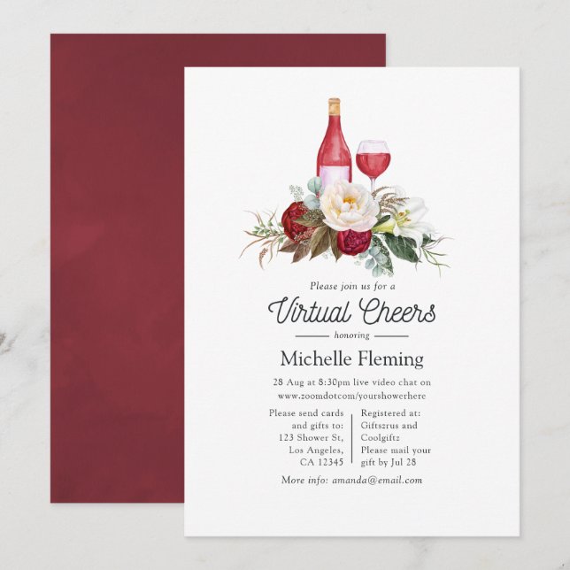 Convites Provando de Vinho Floral Boho Burgundy Chá Virtual (Frente/Verso)