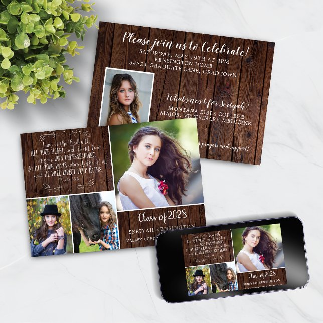 Convites Proverbos Rustic Wood Christian Graduation 3 (Rustic Wood Christian Graduation Invitation featuring Proverbs 3)