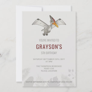 Convites Pteranodon Dinossauro Aniversário Cinza Minimalist