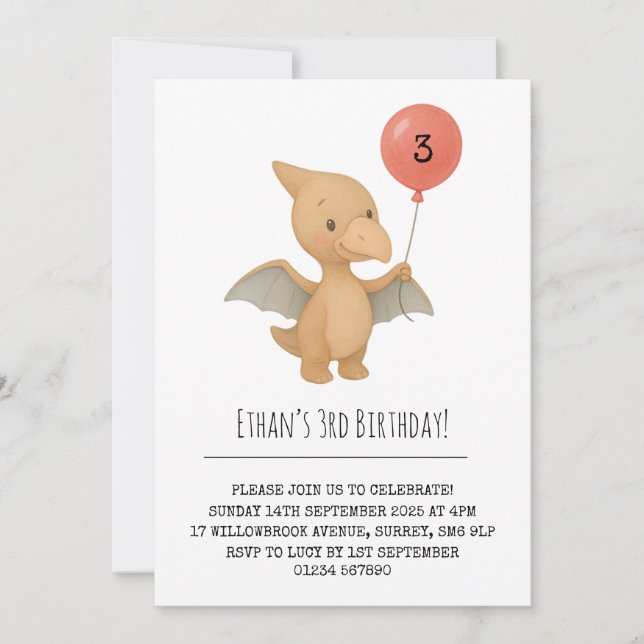 Convites Pterodátilo Cute Segurando Balão Rosa Aniversário (Frente)