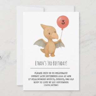Convites Pterodátilo Cute Segurando Balão Rosa Aniversário