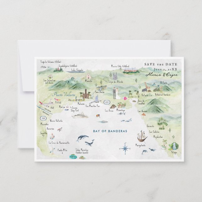 Convites Puerto Vallarta, México | Mapa Itinerário do Casam (Frente)