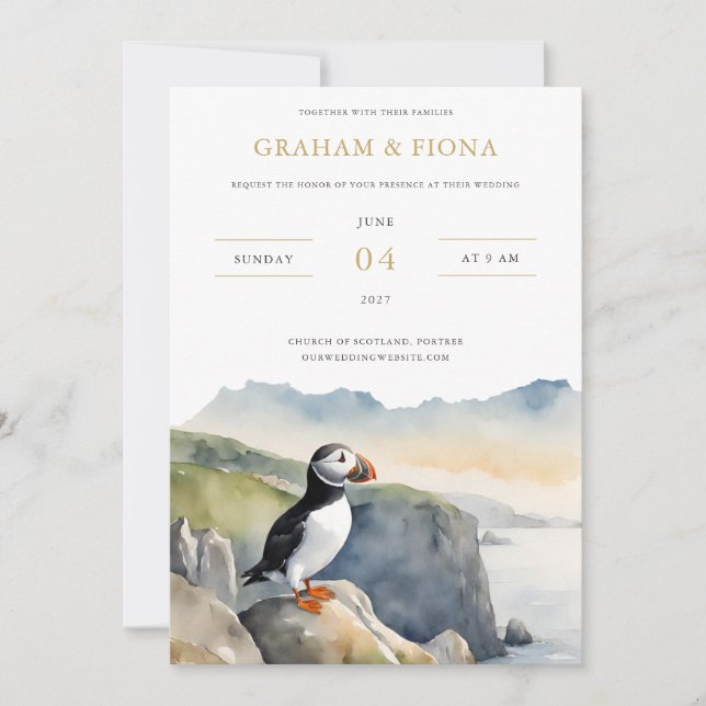 Convites Puffin Watercolor Invitation (Frente)