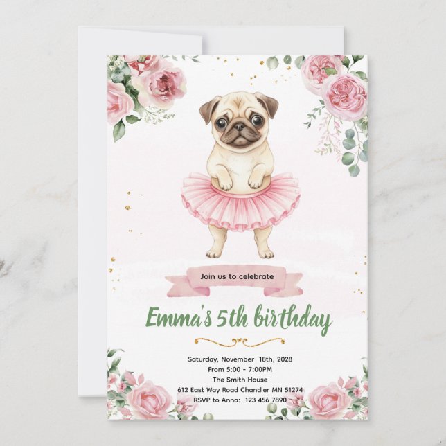 Convites Pug Ballerina Birthday Invitation (Frente)