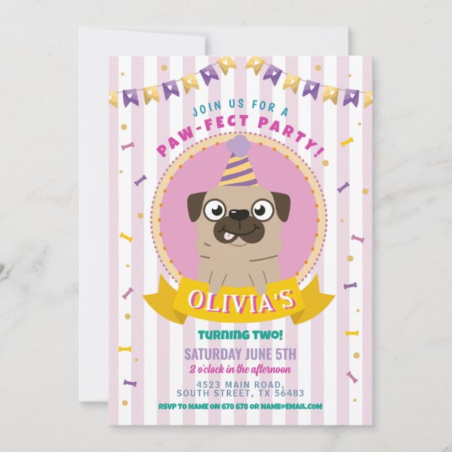Convites Pug Birthday Dog Party Confetti (Frente)