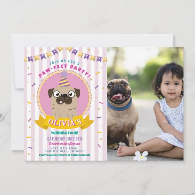 Convites Pug Birthday Dog Party Confetti Foto (Frente)