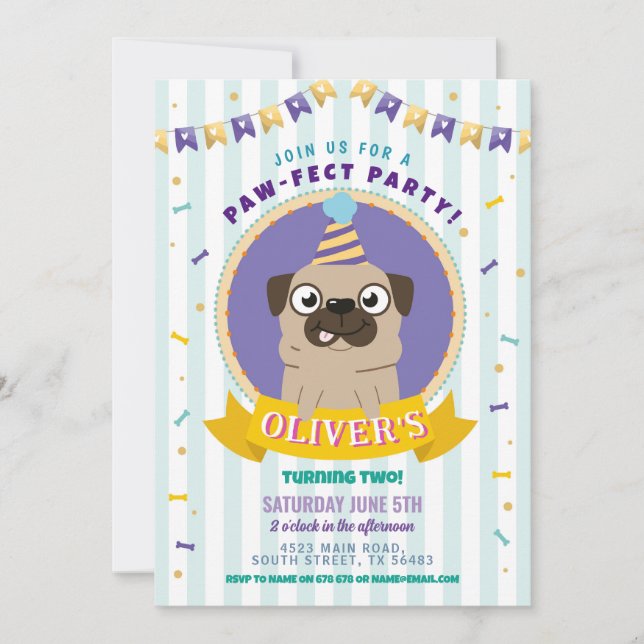 Convites Pug Birthday Doggparty Cachorro Confetti Blue (Frente)