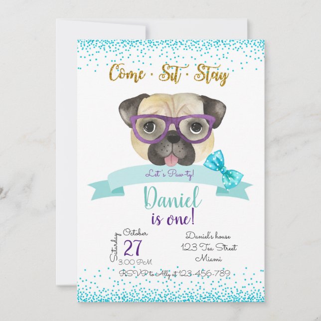 Convites Pug Birthday Invitation, Pug Invite (Frente)