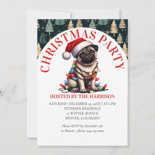 Convites Pug Canino Retro  Fofo Aquarela Natal (Frente)