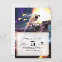 Pug cavalgando unicórnio de dinossauro no espaço