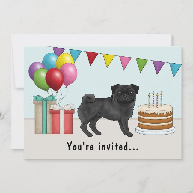 Convites Pug de Cor Preta Cachorro de Desenho Animado Fofo  (Frente)