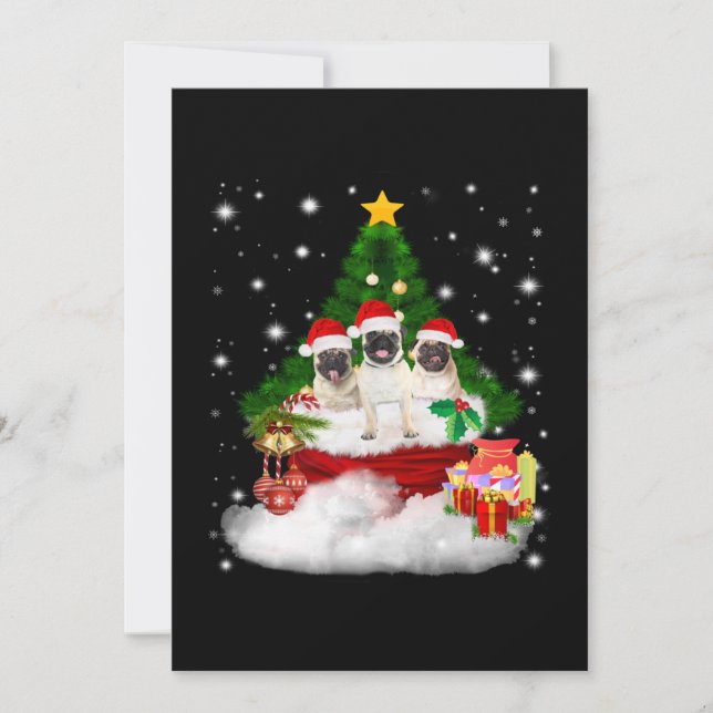 Convites Pug pug com amigos alegres junto à árvore de Natal (Frente)
